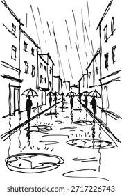 Dibujo de Perspectiva de una calle estrecha con lluvia que cae y charcos que reflejan edificios.