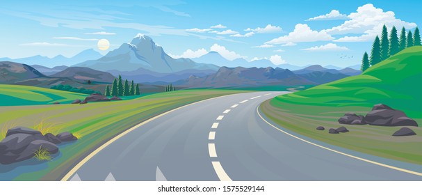 Perspective of a driving on a highway across the mountain landscape