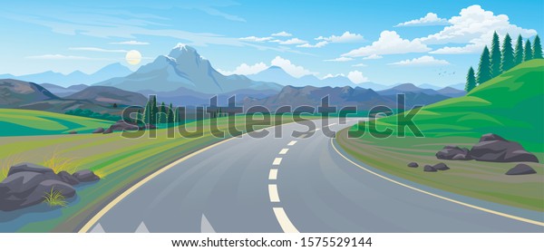 Perspective Driving On Highway Across Mountain Stock Vector (Royalty ...