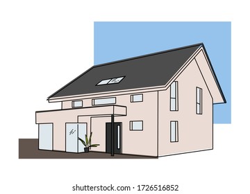 Perspectiva de la fachada de la casa. Casa con techo de gable. Ilustración plana.