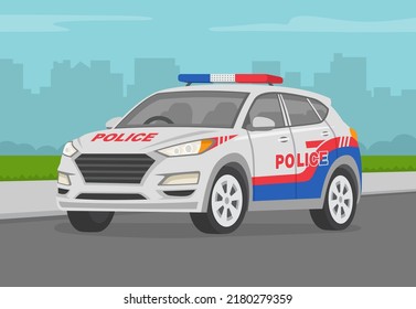 Perspective front view of a indian police suv car. Modern police car parked at curb. Flat vector illustration template. svg