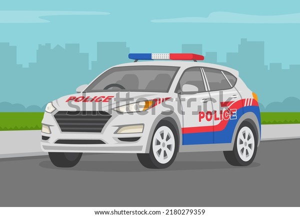 Perspective\
front view of a indian police suv car. Modern police car parked at\
curb. Flat vector illustration\
template.