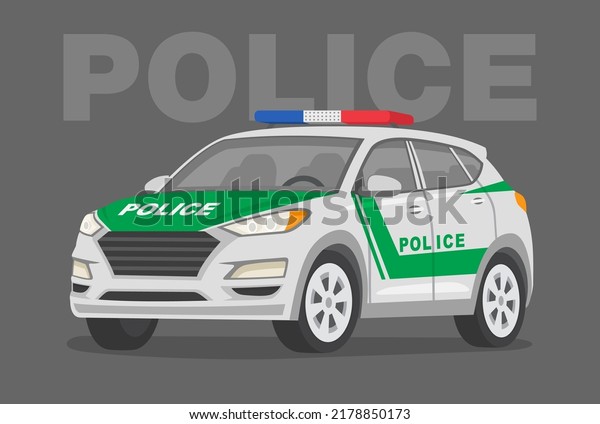 Perspective front view of a police\
suv car. UAE modern police car. Flat vector illustration\
template.