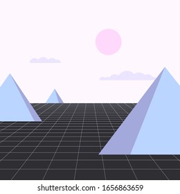 Perspective futuristic grid. Abstract landscape with mountains, clouds and pink sun. Vector illustration