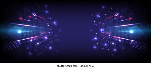 Perspective glowing speed arrow. Abstract futuristic high technology background. Internet motivation and connection to communicate of innovation. Circuit lines of data computer