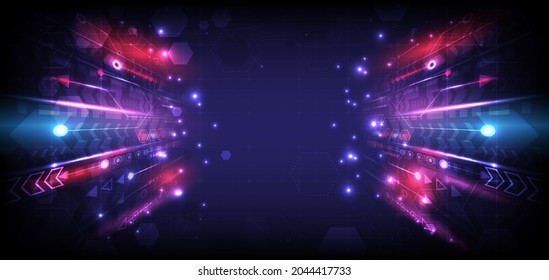 Perspective glowing speed arrow. Abstract futuristic high technology background. Internet motivation and connection to communicate of innovation. Circuit lines of data computer. Landing page and space