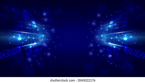 Perspective glowing speed arrow. Abstract futuristic high technology background. Internet motivation and connection to communicate of innovation. Landing page and space. Circuit lines of data computer