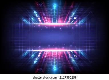 Perspective glowing speed arrow. Abstract technology background. Internet motivation and connection to communicate of innovation. Circuit lines of data computer. Landing page, grid and algorithm