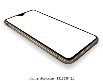 Perspective gold smartphone mockup transparent screen and easy place demo on screen. Realistic smartphone vector illustration.