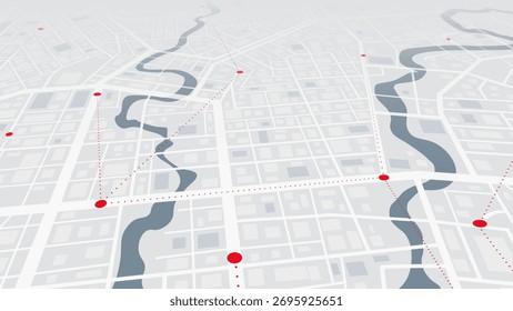 Navegação GPS de perspectiva em um mapa da cidade com marcadores vermelhos de localização. Ilustração vetorial.