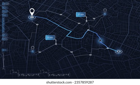 Perspective GPS navigator screen. Geometric element, online navigation. Location tracks dashboard. Path turns and destination tag or mark. Huge city top view. vector, illustration. Abstract background