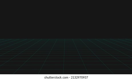 Perspective green grid on a dark background. Futuristic vector illustration. Background in the style of the 80s.