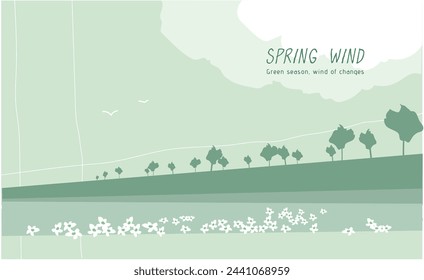 Perspective of green landscape, book cover and banner. Title: Spring wind