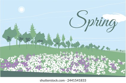 Perspective of green landscape, book cover and banner. Title: Spring