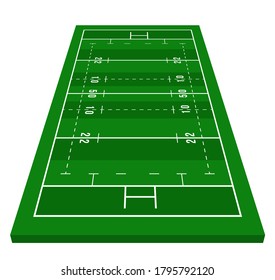 Perspective green rugby field. View from front. Rugby field with line template. Vector illustration stadium.