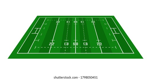 Perspective green rugby field. View from above. Rugby field with line template. Vector illustration stadium.