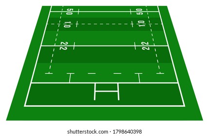 Perspective green rugby half field. View from front. Rugby field with line template. Vector illustration stadium.