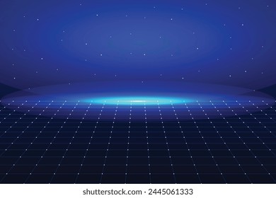 Perspektive Grid. Abstrakter Hintergrund leuchtend blauer Boden Bodenpartikel Sternenstaub mit Flare. Futuristisches Glitzern im Raum auf dunkelblauem Hintergrund.