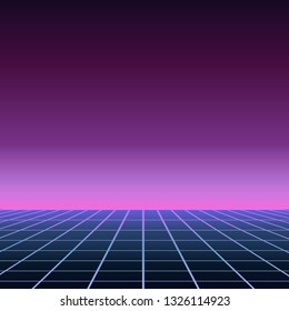 Perspective grid. Abstract retro background in 80s style. Futuristic landscape, party background. Vector
