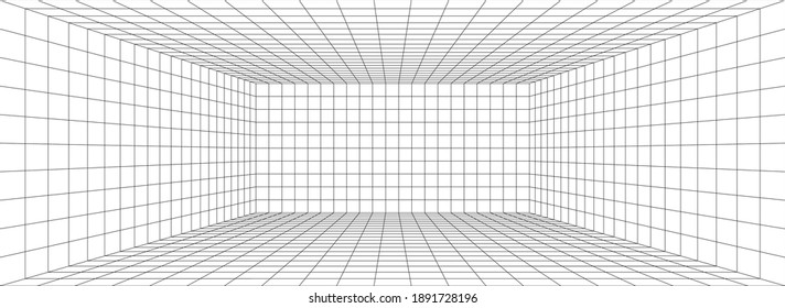 Perspective grid background. 3d Vector illustration. Interior design Model projection background template. Line one point perspective