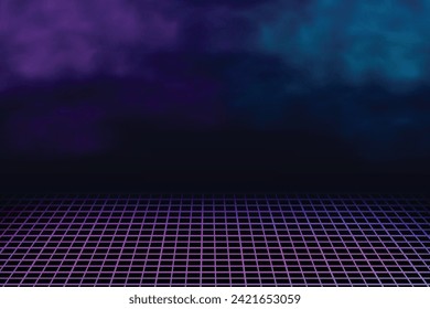 Perspective grid background with blue and purple smoke or fog effect