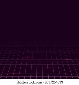 Fondo de la rejilla de perspectiva con luces rosadas brillantes. Desvanecimiento y desvanecimiento de la rejilla. Marco de cables abstracto. Ilustración vectorial.