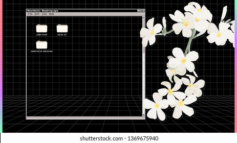 Perspective grid black tiles and Plumeria flowers with frame in windows style and folders icon / flat design