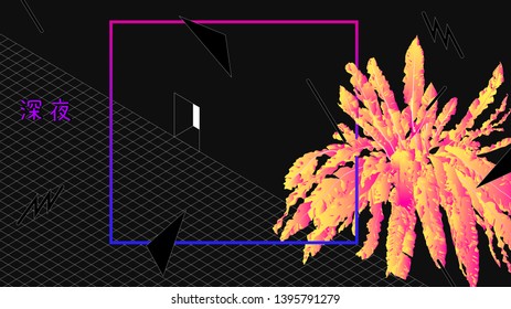 Perspective grid black tiles and tropical plant (bird nest fern) with geometric shape elements background - Japanese text means midnight