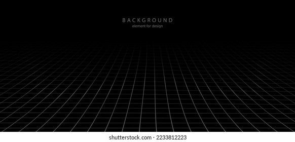 Perspective grid with depth of field effect. Abstract wireframe landscape. Detailed lines on black background. Wide blueprint texture. Vector. svg