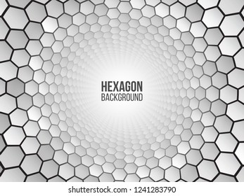 Perspective grid hexagon tunnel. Abstract background with white shapes. Vector illustration.