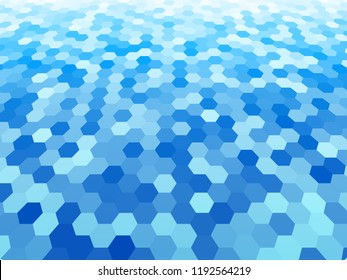 Perspective grid hexagonal surface. Abstract background with blue shapes. Technology geometric minimal design. Vector illustration.