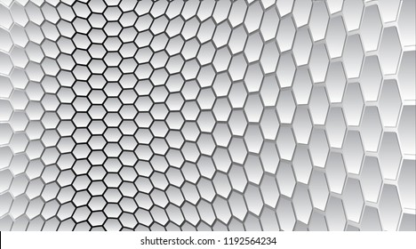 Perspective grid hexagonal surface. Abstract background with white shapes. Vector illustration.