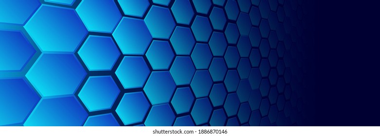 Perspective grid hexagonal surface. Abstract blue background with white shapes. Vector illustration. Science and medical concept, web banner.