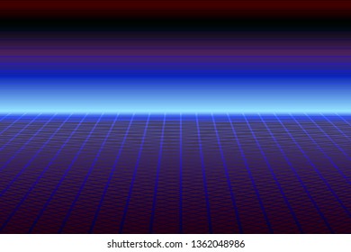 Perspective grid on purple, 3d dimension retro futurism concept