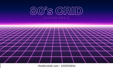 Perspective grid, retro 80s design element, neon colors, vector illustration