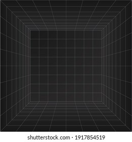 Perspective grid room. Wireframe abstract cube. Data digital visualization. Vector