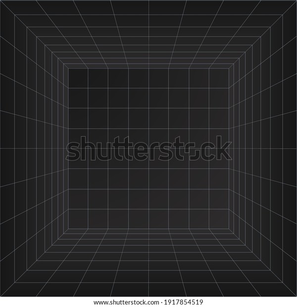 Perspective grid room. Wireframe abstract cube.\
Data digital visualization.\
Vector