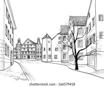 Perspective houses sketch. Pedestrian street in the old European city Burglengenfeld, Bavaria, Germany. Hand drawing background with church. Historical cityscape.  