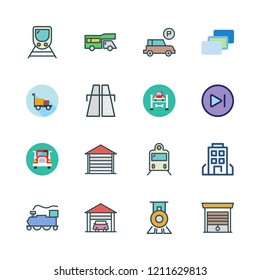 perspective icon set. vector set about garage, depth perception, next and building icons set.
