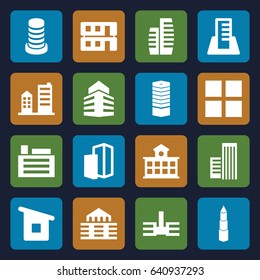 Perspective icons set. set of 16 perspective filled icons such as business centre, house building, building