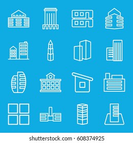 Perspective icons set. set of 16 perspective outline icons such as business centre, house builidng, building, builidng