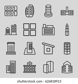 Perspective icons set. set of 16 perspective outline icons such as business centre, house builidng, building, builidng