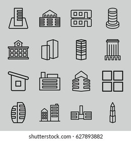 Perspective icons set. set of 16 perspective outline icons such as business centre, house builidng, building, builidng