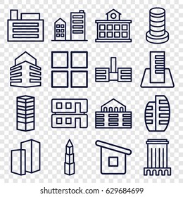 Perspective icons set. set of 16 perspective outline icons such as business centre, house builidng, building, builidng