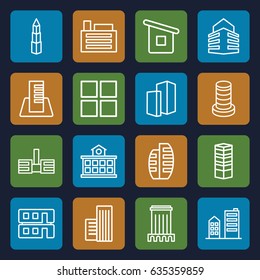 Perspective icons set. set of 16 perspective outline icons such as business centre, house builidng, building, builidng