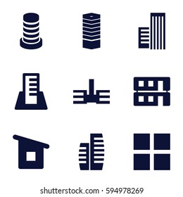 perspective icons set. Set of 9 perspective filled icons such as business centre, house building, building