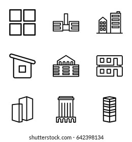 Perspective icons set. set of 9 perspective outline icons such as business centre, house builidng, builidng, building