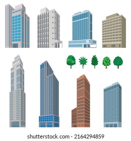 Perspective illustrations of various buildings. Exterior view of a building.