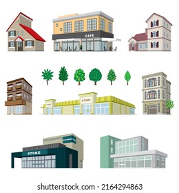 Perspective illustrations of various buildings. Exterior view of a building.