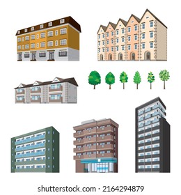 Perspective illustrations of various buildings. Exterior view of a building.